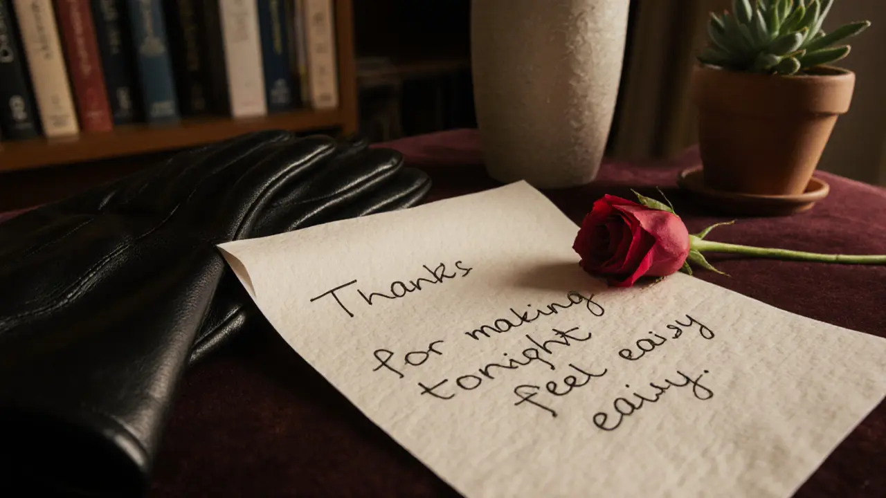 A handwritten note on ivory paper beside a rose petal and gloves, symbolizing quiet appreciation.