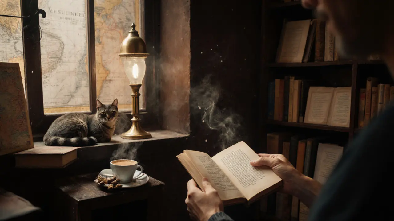 A hidden bookshop in Al Qasba with warm lamplight, old books, and a cat by the window, evoking quiet intimacy.