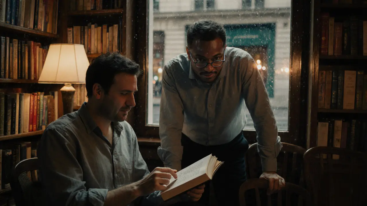 A man and bookstore owner share a quiet moment over a French poetry book in a dimly lit shop.