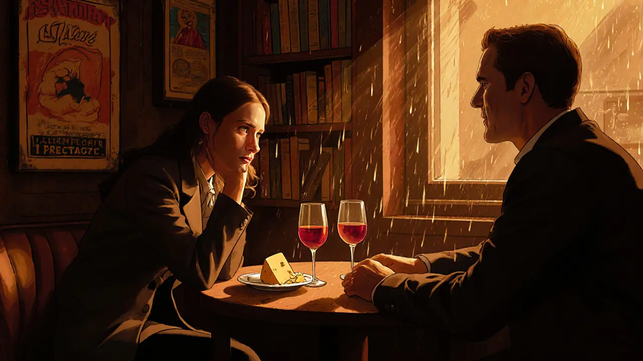 A man and woman in a cozy basement bar in Kreuzberg, sharing quiet conversation over wine and cheese.