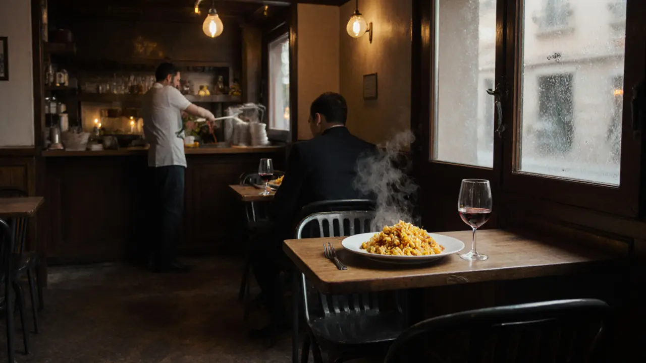 A plate of risotto alla milanese at a quiet 3 a.m. trattoria with a glass of wine.