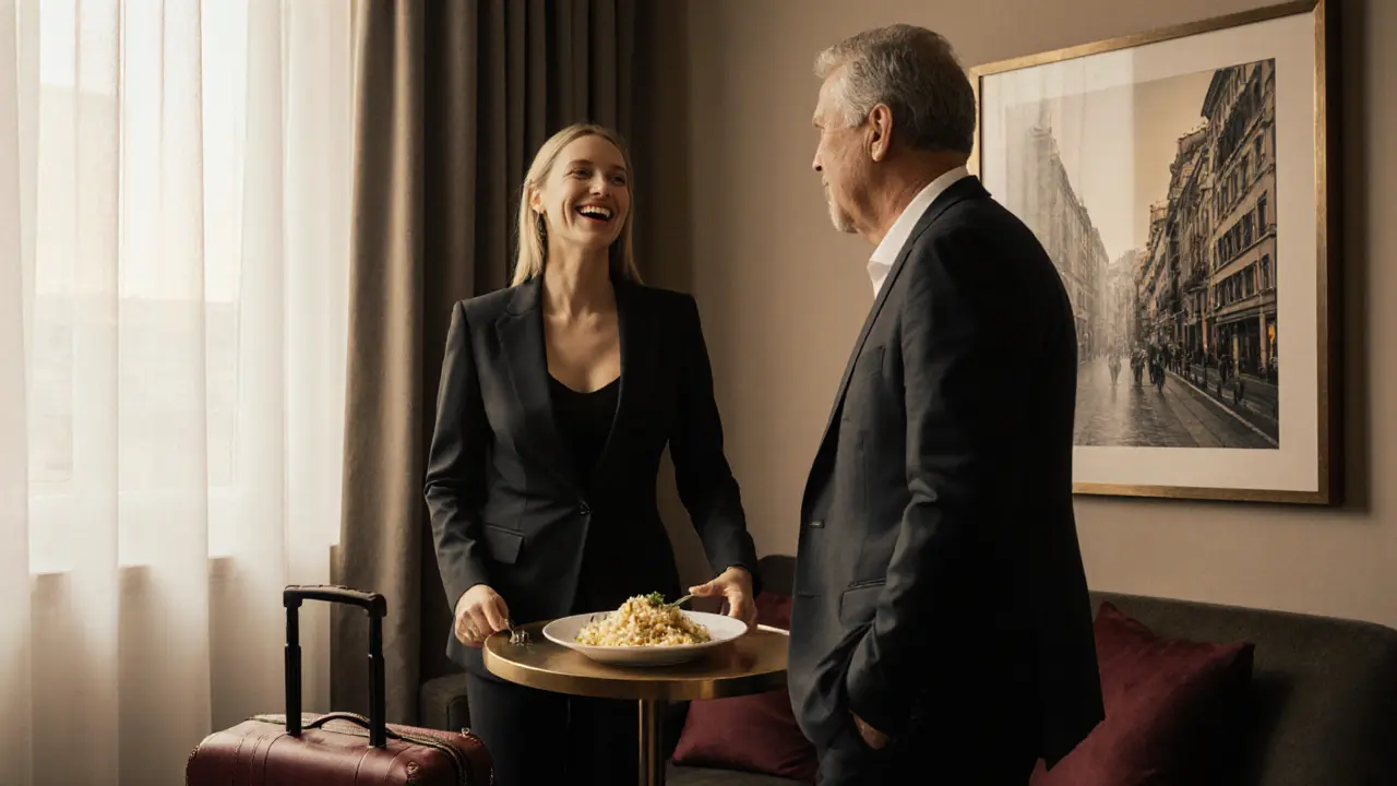 A professional companion and client sharing dinner in a hotel room, emphasizing emotional connection over physical intimacy.
