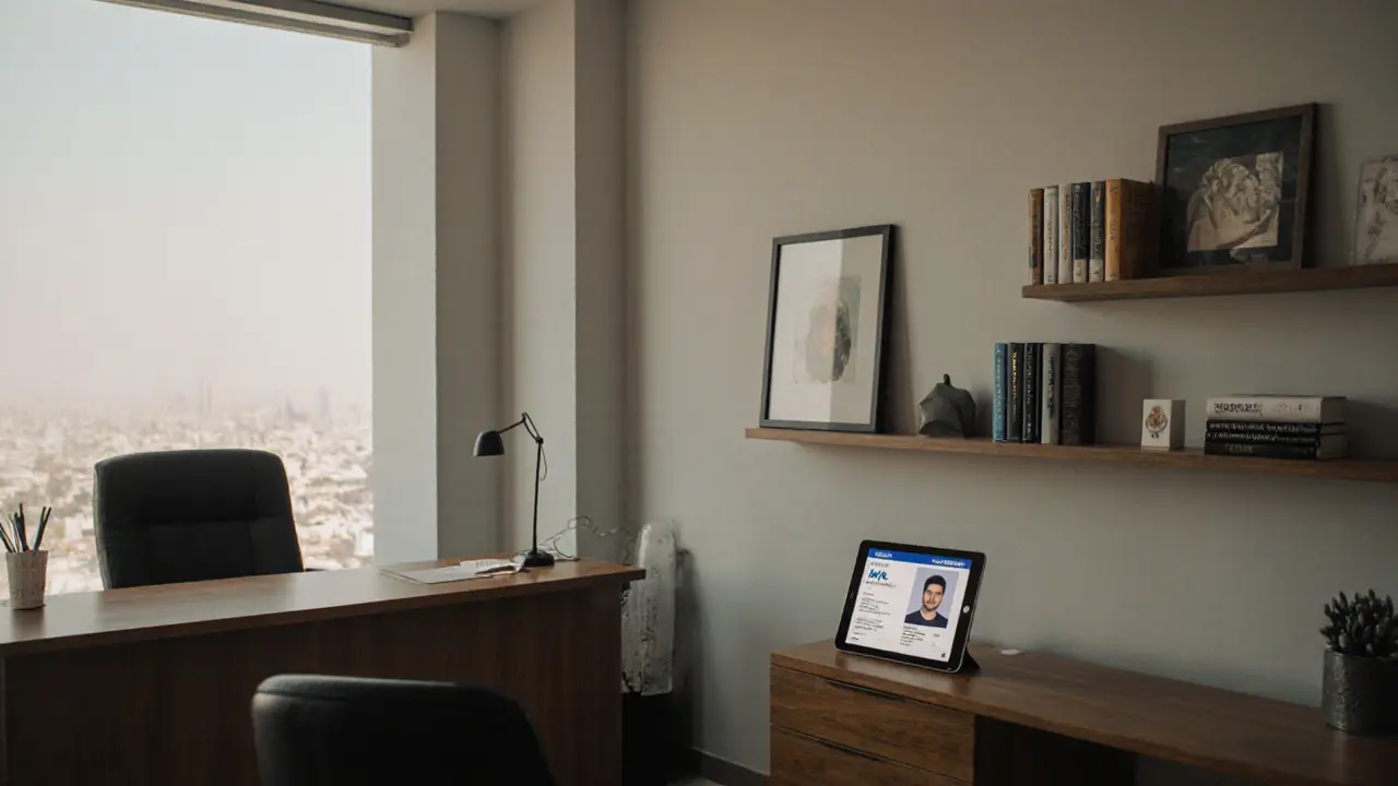 A professional escort agency office in Dubai with a clean, modern interior and no suggestive elements.