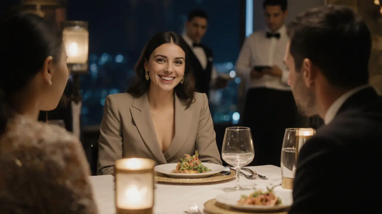 A quiet dinner at a high-end Dubai restaurant with a poised woman and gentleman sharing a private moment.