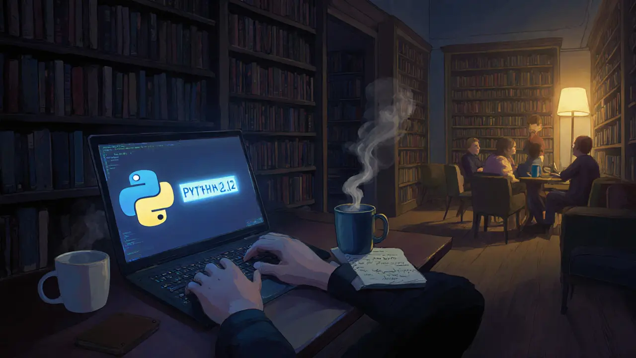 A quiet library-style pub at night with a developer typing on a laptop under warm lamplight.