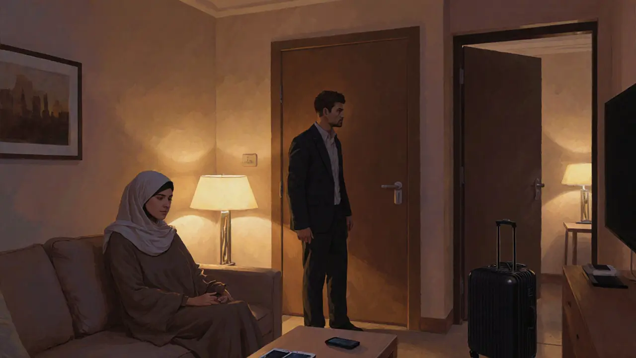 A quiet moment in a Dubai Airbnb apartment, a woman and man separated by space, soft lighting, no physical contact.