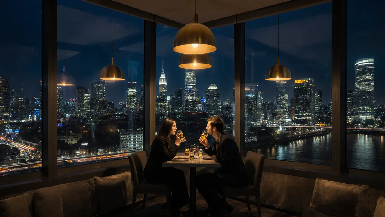 A quiet upscale lounge in Canary Wharf with city skyline reflections at midnight.