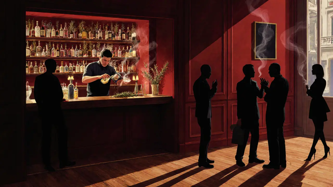 A secret cocktail bar behind a bookshelf, candlelit and smoky, with a bartender crafting drinks in silence.