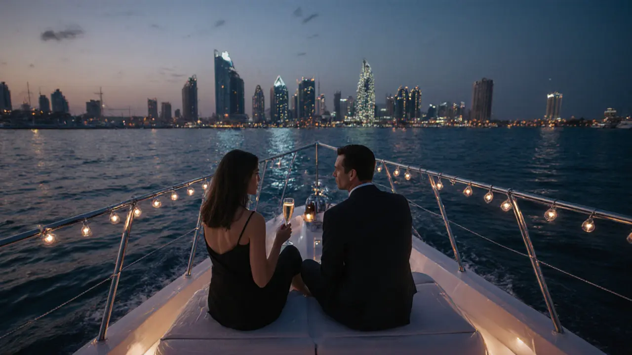 A serene private yacht at twilight on Dubai Marina with two figures engaged in quiet conversation.