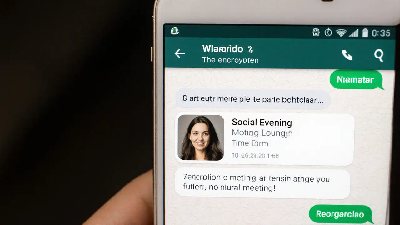 A smartphone showing a private WhatsApp chat with neutral terms about meeting at a hotel lounge.