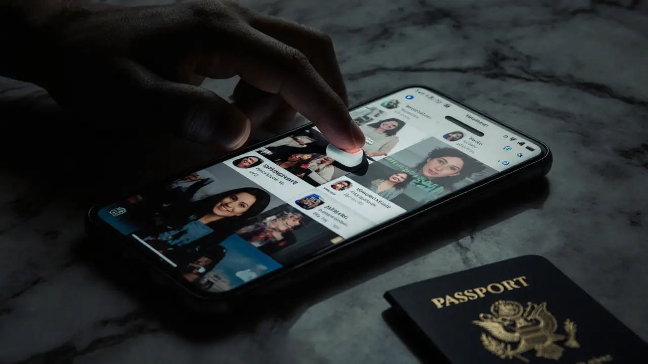 A smartphone shows fake escort profiles and cryptocurrency payment requests on a marble surface.