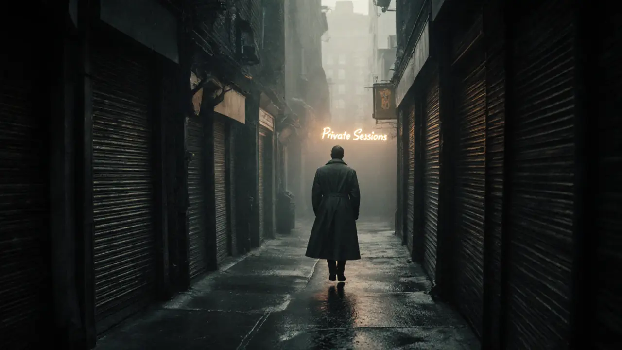 A solitary figure walking at dawn past a faint neon sign in Soho, representing hidden labor and dignity.