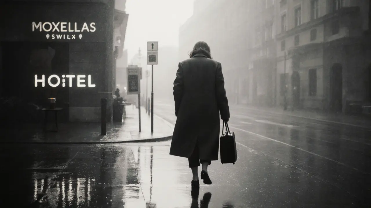 A solitary woman walks through misty Berlin streets at dawn, carrying the weight of her discreet profession.