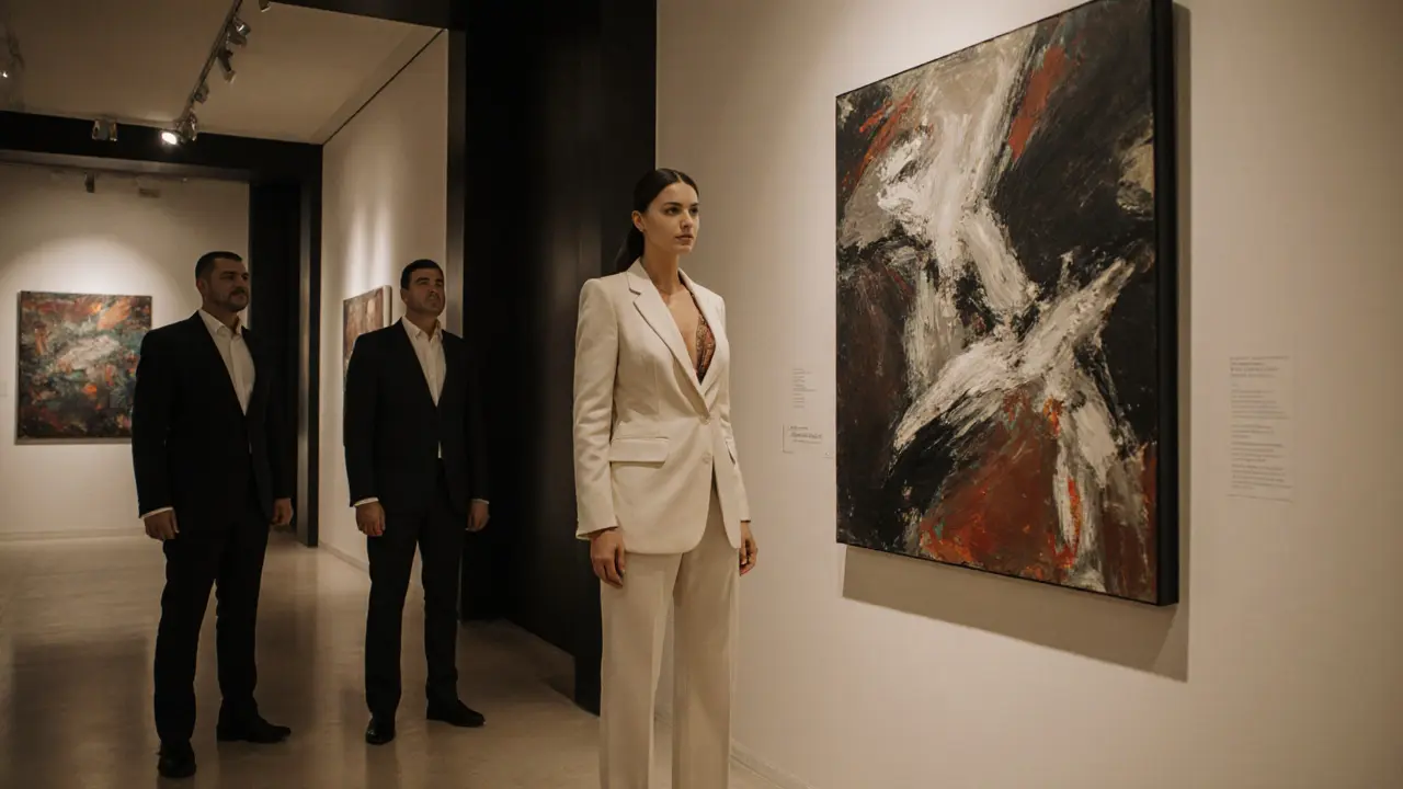 A sophisticated woman standing beside modern art in a private Dubai gallery, accompanied by a client in a suit.