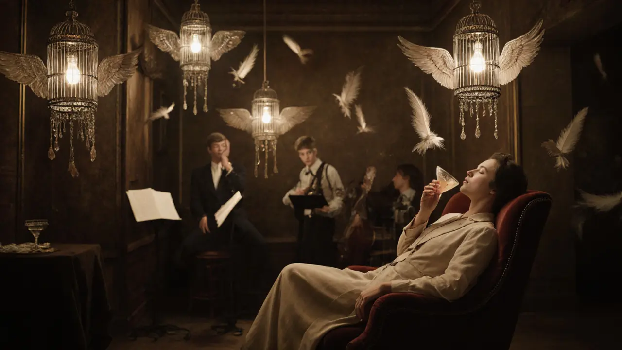 A surreal jazz lounge with glowing birdcages and feathered chandeliers in soft golden light.