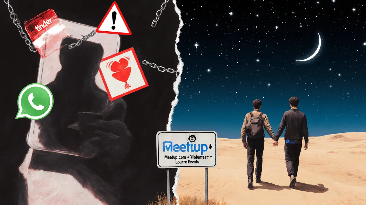 A symbolic split scene: illegal apps with warnings on one side, safe social activities under desert stars on the other.