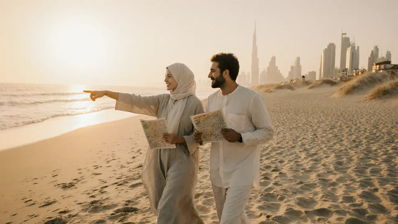 A tourist and local companion walking along Jumeirah Beach at sunset, exploring the city together.
