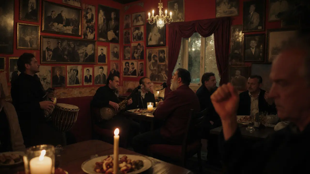A traditional Turkish tavern with musicians playing instruments and patrons enjoying food by candlelight.