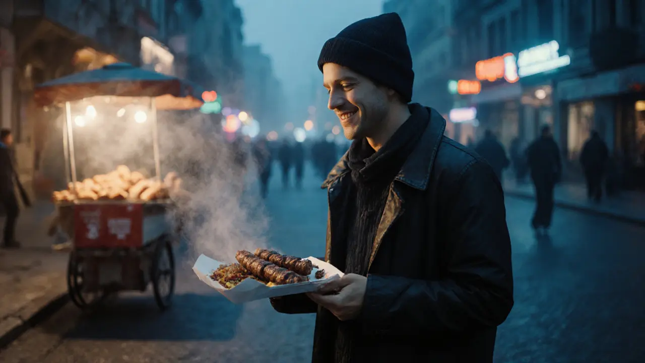 A traveler eating İskender kebab at 4 a.m. in Istanbul, surrounded by quiet street lights and a simit vendor.