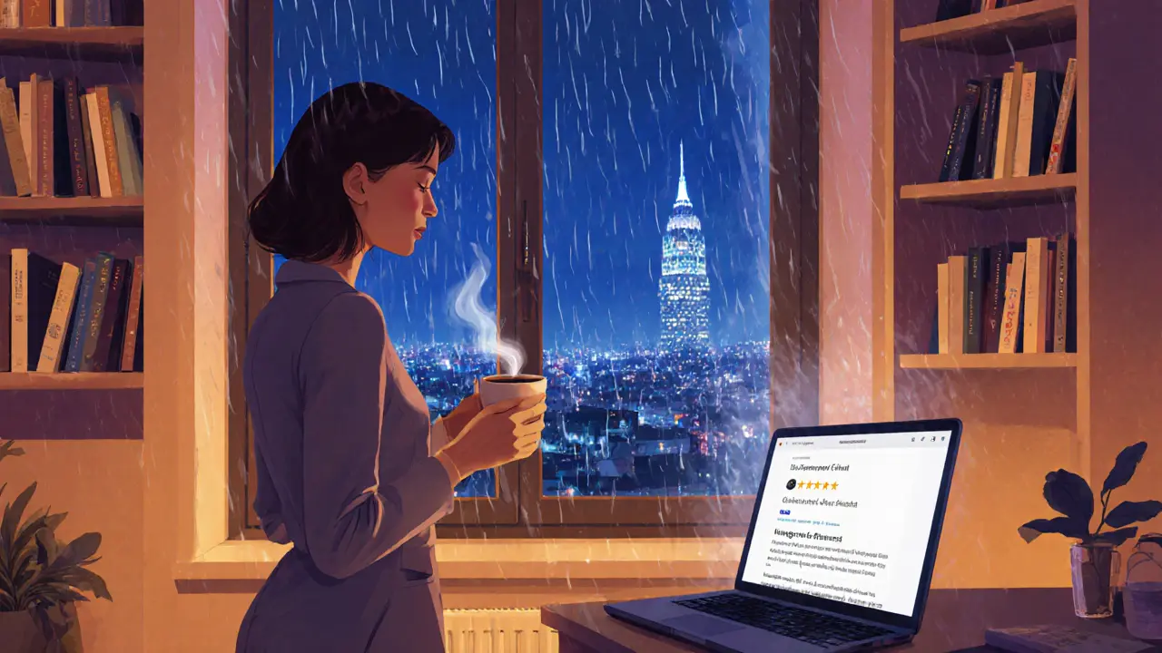 A woman in a Milan apartment at night, gazing at the city skyline with a coffee and a client review on her laptop.