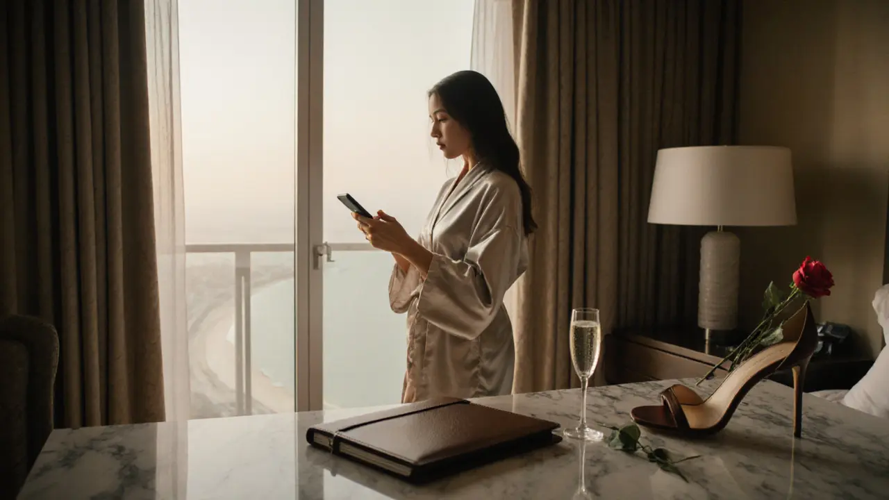 A woman in a silk robe at dawn in a luxury Dubai hotel suite, holding a phone with encrypted messages, morning light streaming in.