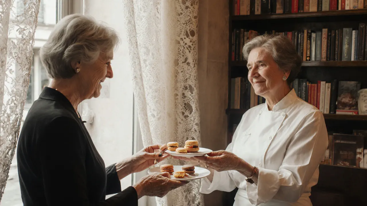 A woman receives extra macarons from a pastry chef while her companion smiles nearby in a charming Le Marais patisserie.