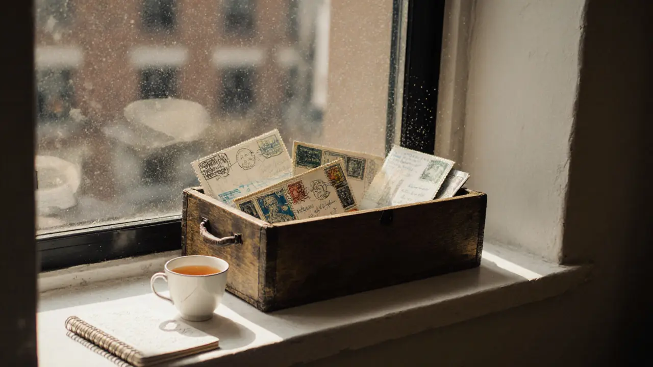 A wooden box filled with postcards from around the world sits on a windowsill with a teacup.