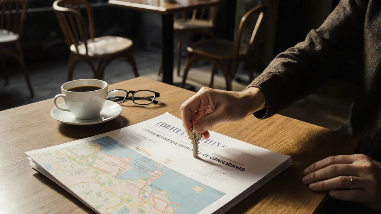 A wooden table with a coffee cup, map, reading glasses, and a key, suggesting a peaceful evening in Berlin.