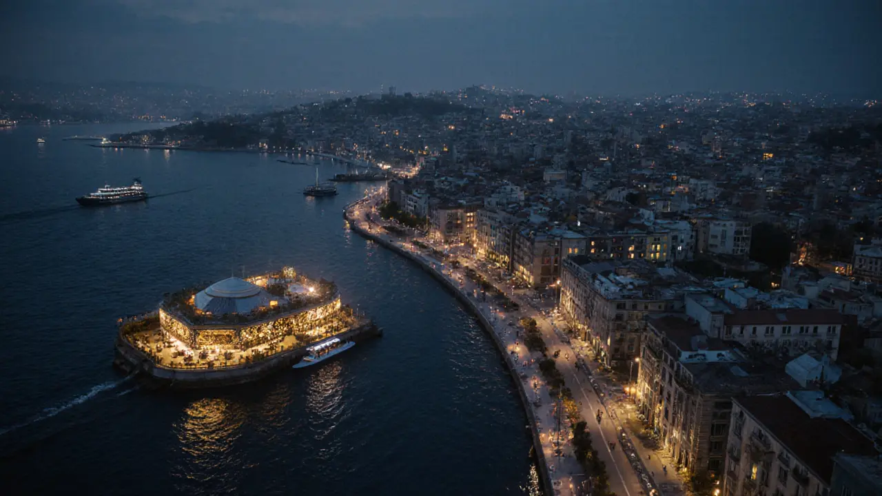 Aerial view of Istanbul’s nightlife skyline with rooftop bars and club lights over the Bosphorus.