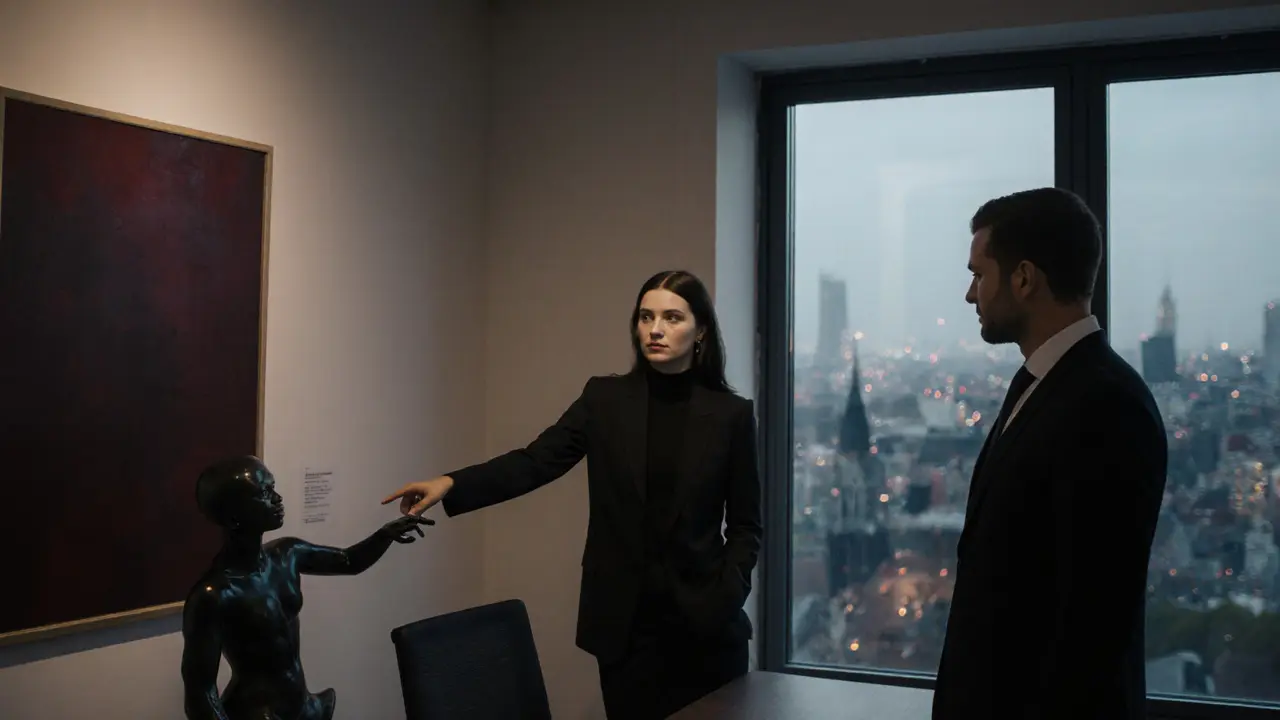 An escort engages thoughtfully with a client before a modern art sculpture in a private gallery.