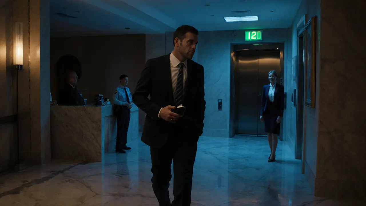 An expat in a luxury hotel lobby, holding a burner phone, as a woman waits near the elevator.