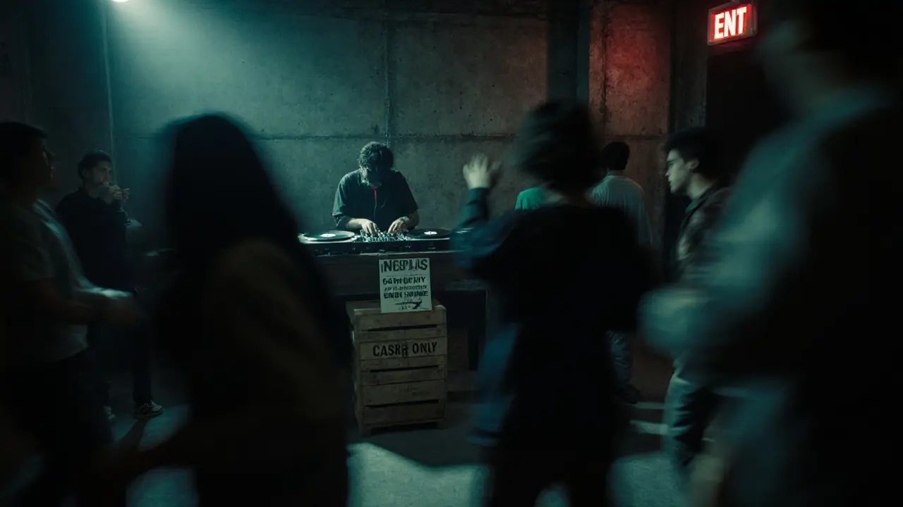 An underground warehouse club with dim lighting and dancers moving to electronic music in an industrial space.