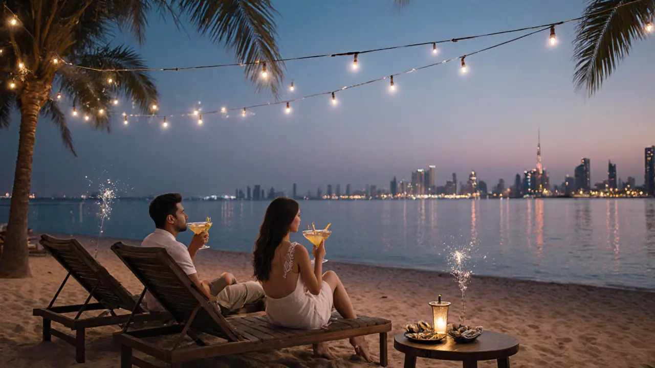 Beachside club at twilight with people relaxing on sand under string lights and waves.