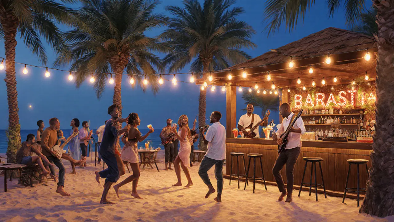 Beachside open-air bar with people dancing under string lights, palm trees, and a live band playing Afrobeats.