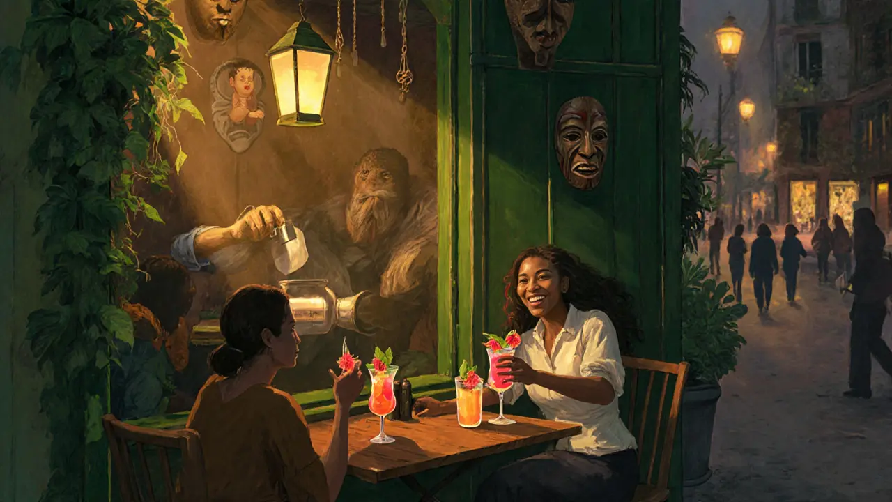 Cozy bar Le Comptoir Général with African art, plants, and patrons sipping colorful cocktails.