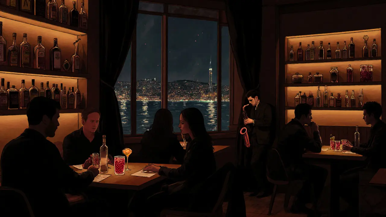 Cozy Karaköy bar with dim lighting, cocktails, and a jazz musician playing in the corner.