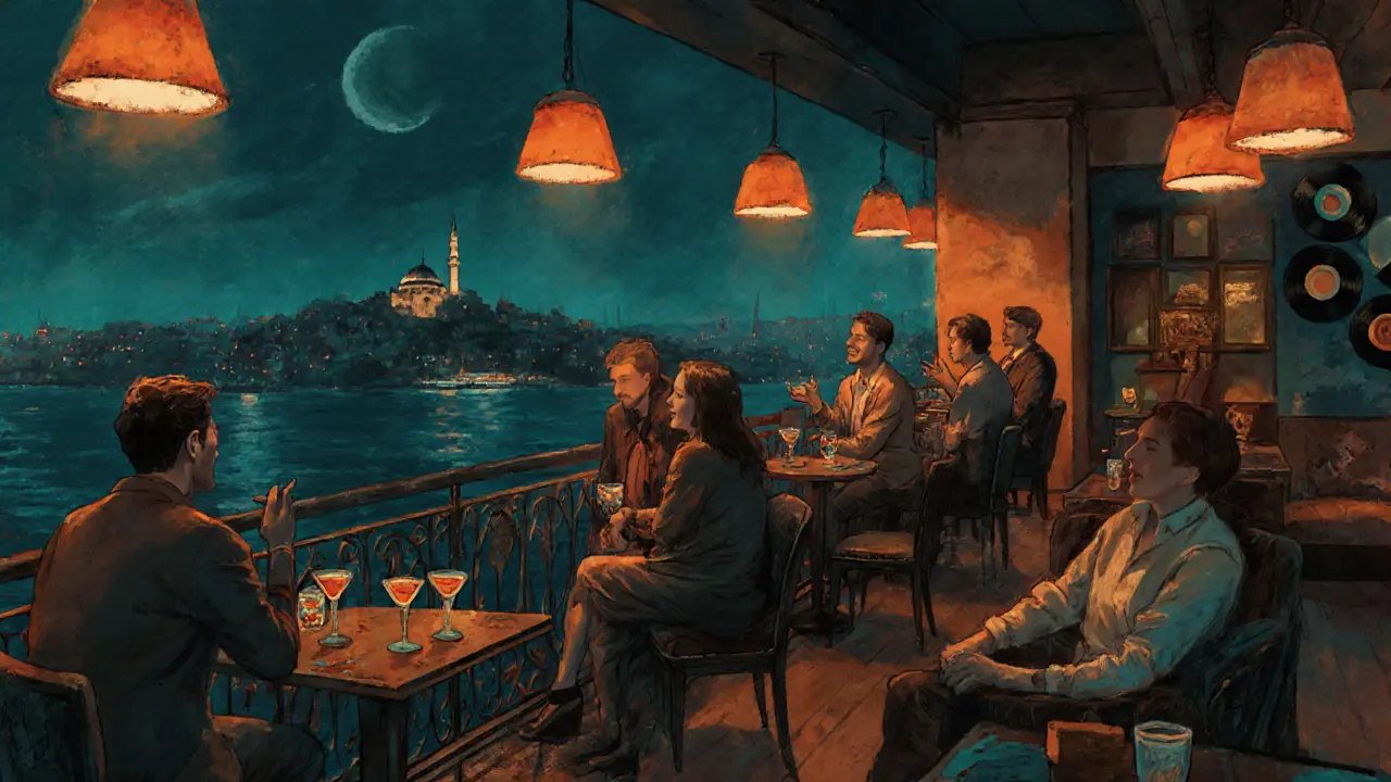 Cozy rooftop bar in Karaköy with dim lighting, vintage decor, and guests overlooking the Bosphorus at night.