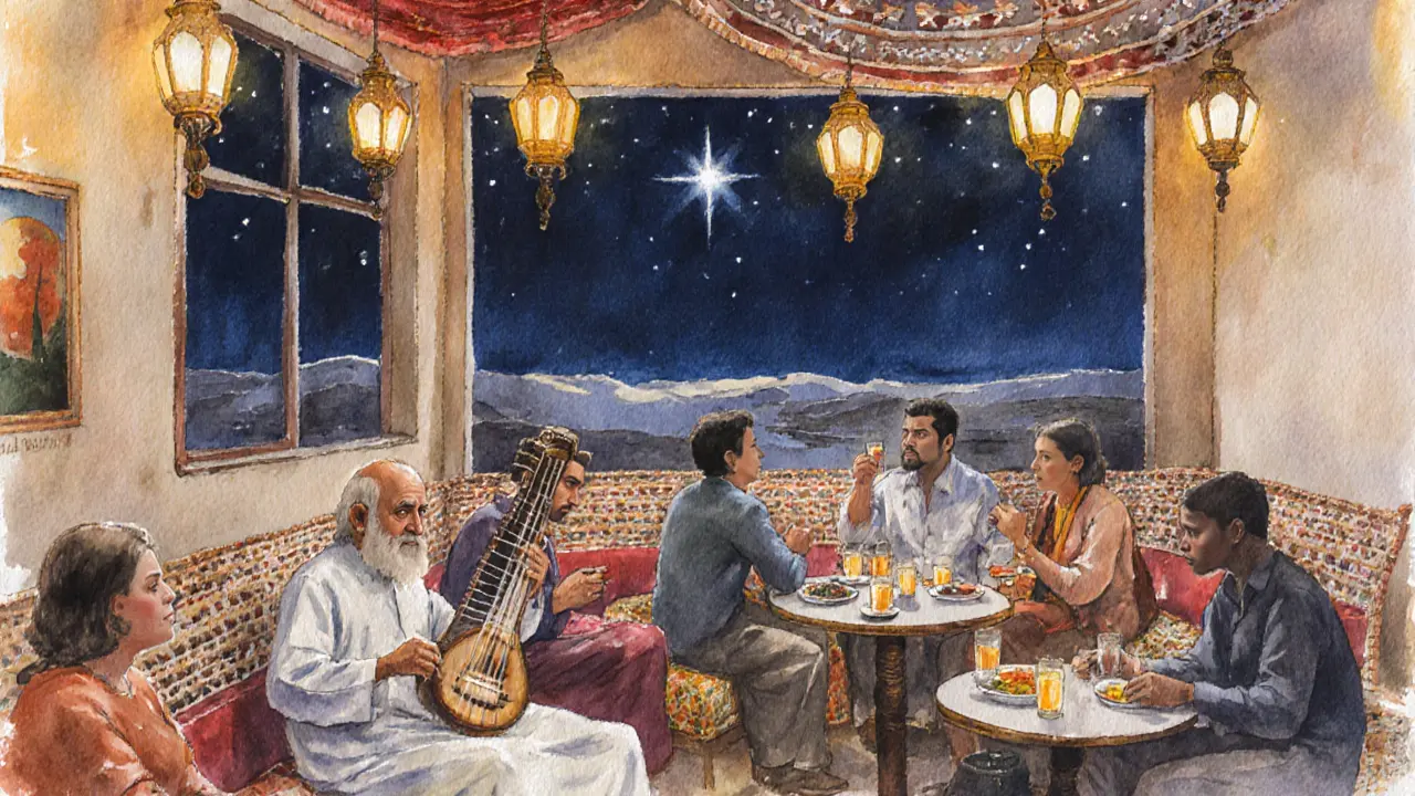 Cozy traditional Emirati café with oud musician playing at night, guests relaxing on cushions under lantern light.