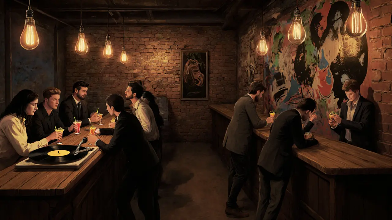 Cozy underground bar in Al Serkal Avenue with vinyl records, warm lighting, and intimate crowd.