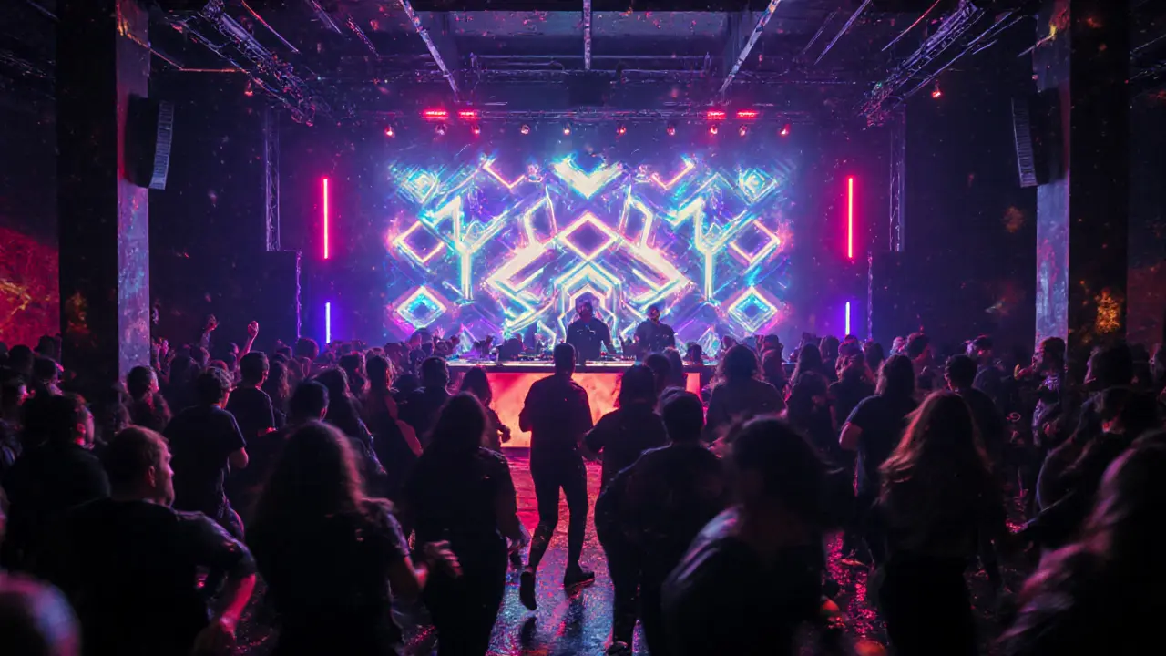 Crowd dancing in a dark nightclub with pulsing LED walls and strobe lights.