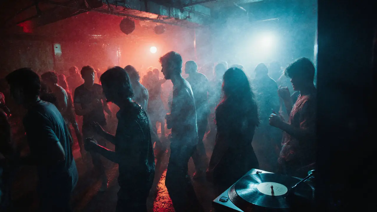 Crowd dancing in a dim underground club with neon lights and pulsing music.