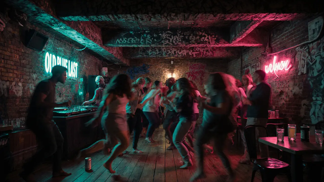 Crowd dancing in a gritty basement bar with graffiti walls and dim neon lights.