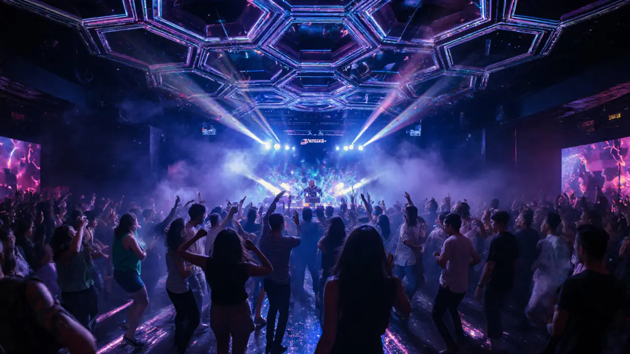 Crowd dancing in a vibrant nightclub with lasers and neon lights under a high-tech ceiling