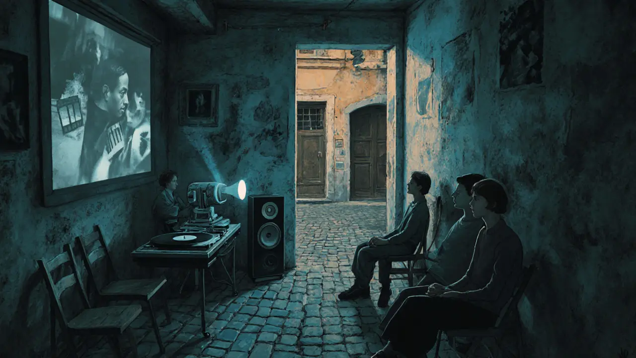 Dim basement space with flickering film projector, vinyl turntable, and listeners lost in underground music.