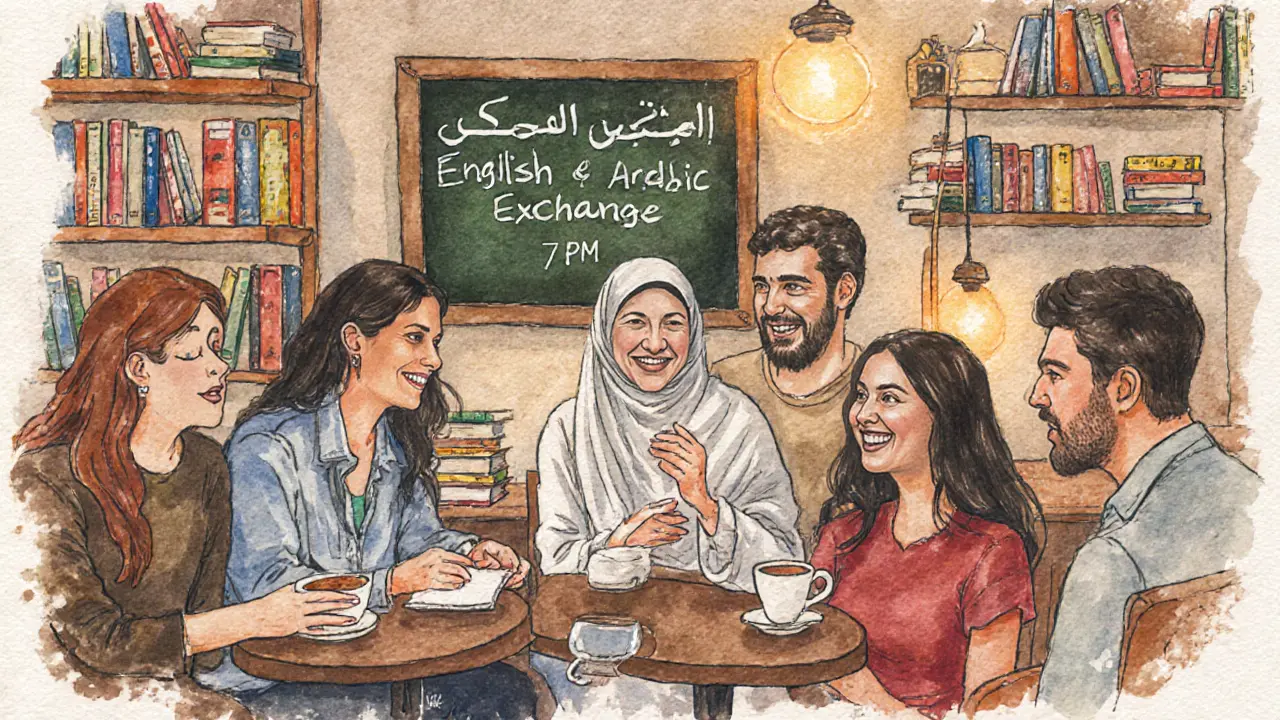 Diverse expats engaging in a language exchange at a cozy café with bookshelves and warm lighting.