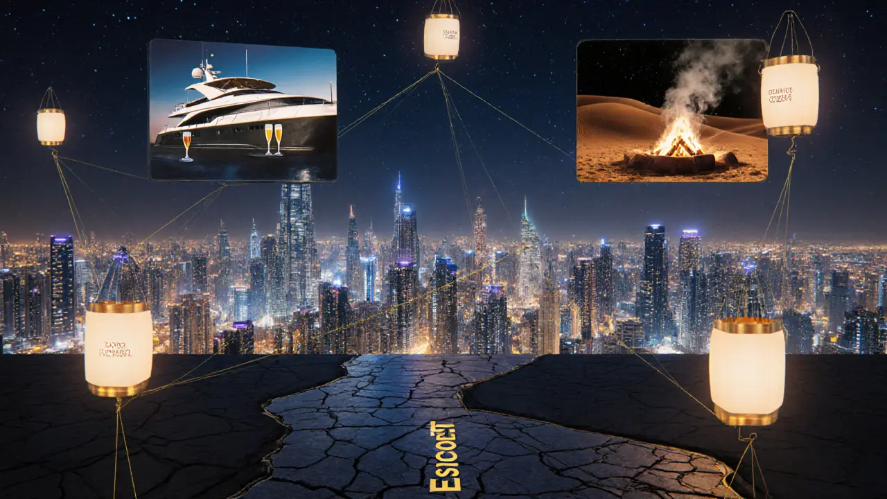 Dubai skyline with legal nightlife alternatives glowing above, while a dark path fades below into shadows.