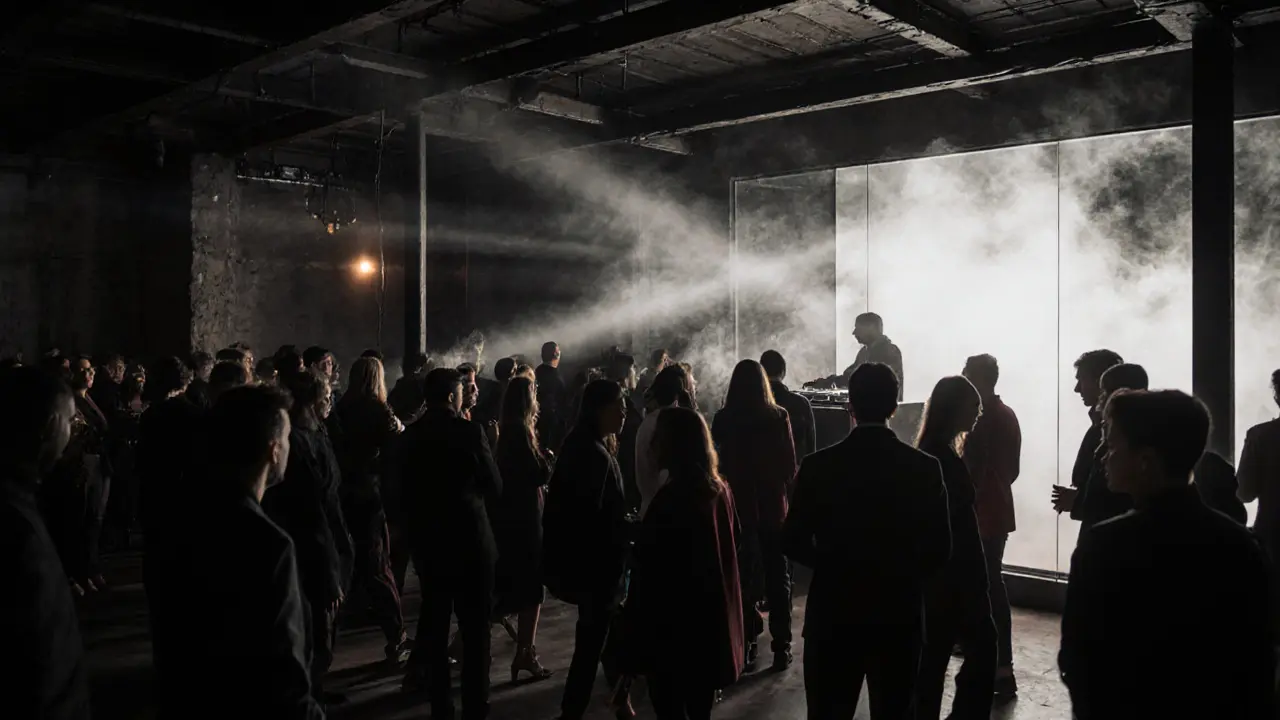 Elegant crowd in a minimalist industrial club with art installations and dramatic lighting.