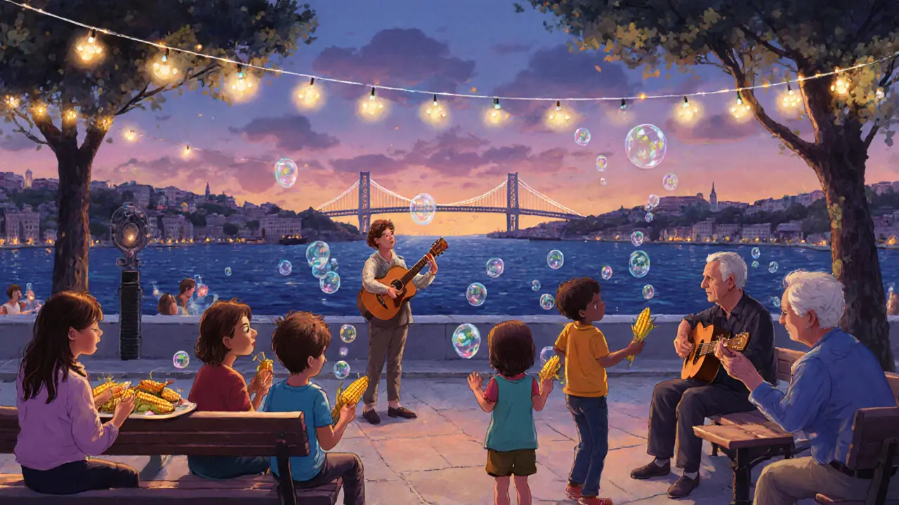 Families relaxing in Ortaköy Square with street performers, fairy lights, and the Bosphorus Bridge in the background.