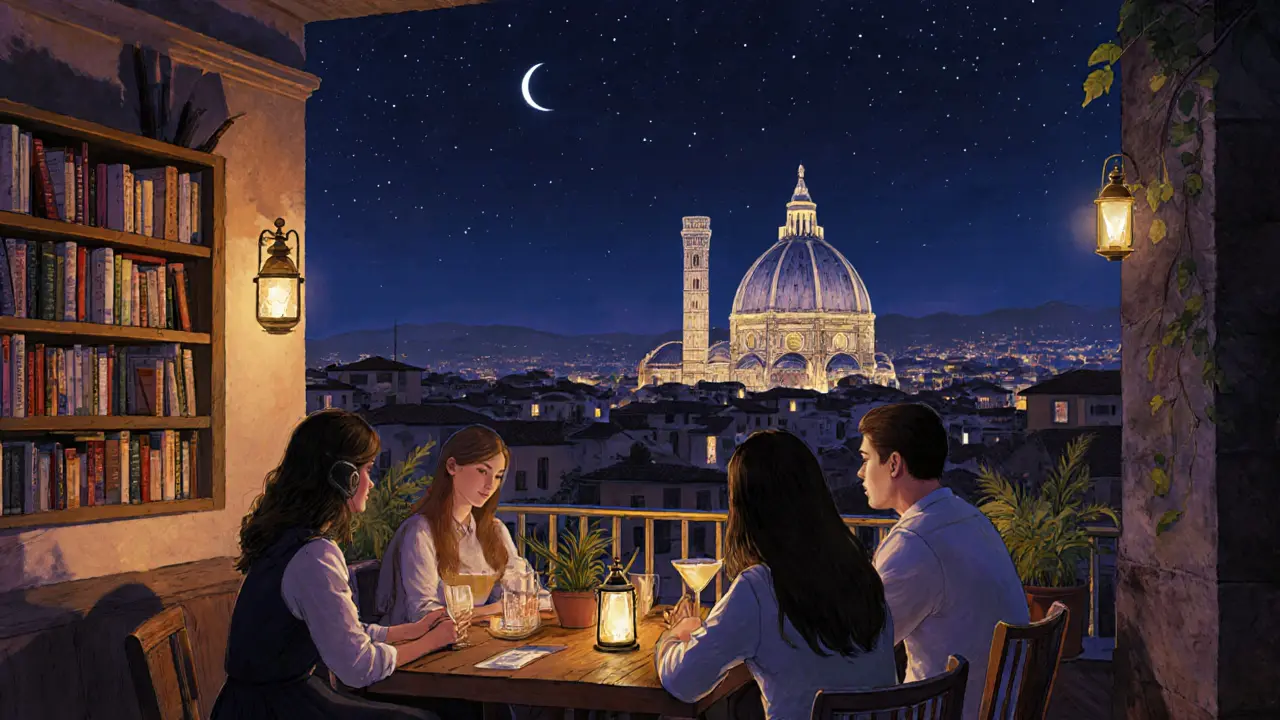 Hidden rooftop bar with a view of Milan&#039;s Duomo, lit by soft lanterns and surrounded by books.