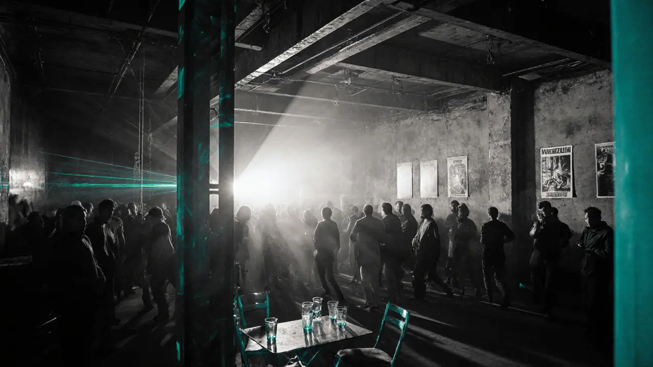 Industrial nightclub with laser lights and dancing crowd under exposed concrete beams.